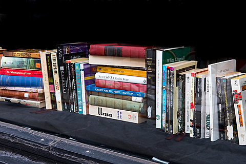 A carefully arranged stack of books, arranged as if on a bookshelf