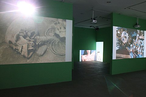 The image shows the dividing wall between two galleries. Through the open doorway in the wall we can see into a gallery that is behind these walls. On the left dividing wall there is a projected image of a human skeletons head and neck laying on dirt. Above this image there is a large light flare. On the right dividing wall there is a colorful image of the torso and head of a skeleton dressed in decorative traditional wear. In the gallery behind these walls we see a horizontal image of a woman framed from below her eyes to just above her chest. The image of this woman is on the left wall that meets another wall. On the right wall there is a vertical image that is too overexposed in the camera to make out its subject. 