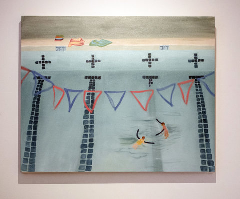 Close up image of a painting in the exhibition hanging on a white fall. The painting features a pool scene from above with two figures swimming. Blue and pink pennant flags hang across, above the water. The bottom of the pool features black stripes, indicating the separate lanes.  