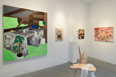 Installation view of the exhibition featuring two walls and a sculpture in the middle of the floor. On the left side wall, a large abstract painting of what appears to be an outdoor garden scene of a shed. Bright green covers the background, with a suggestion of a stone table and wood shed. Next to the painting, a smaller painting on the left includes an painting of a frog wearing clothes, seated on a lily pad. The frogs arms are crossed in an anthropomorphic fashion. Next to the frog on the right, is a white pedestal, and next to that is a painting with three small circular discs on either side of it. On the right side wall, an abstract image of faces are painted in pink and green pastels. In the middle of the gallery, on the floor, is a wooden chair-like sculpture with white, tulle fabric draped over one side.