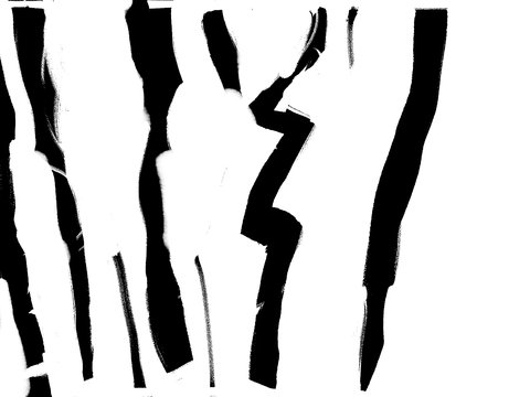 Image from the installation featuring nine black lines and shapes in a row on a white background. The lines are of various lengths, and thicknesses, but are somewhat parallel to one another. 