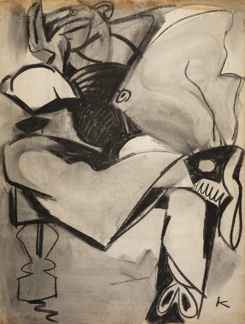 Image from the exhibition featuring a sketch of a very abstract figure sitting with one leg crossed over the other knee in a chair. It is very hard to make out, but the figure, with no facial features, seems to be reclining in a chair. The only discernible detail are the legs and shoes of the figure. 