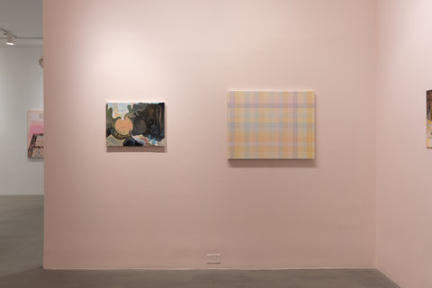 Installation view of two works in the exhibition. The first painting, on the left, features a light orange spherical form on the left side of the canvas, there is a hole on top of the sphere. Emerging from the hole is a smoke of patterns in various colors. The rest of the painting, surrounding this sphere, is dark and filled with abstract forms in dark, shadowy colors. The next painting, on the right, features light, pale, transparent, overlapping stripes in a weaving pattern. The purple, blue, pink, orange, and yellow lines overlap and create a checkered/woven pattern on the canvas. The paintings are hung on a pale pink wall. 