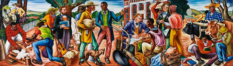 Image of the large mural in the exhibition. The mural features about twenty figures painted in bright, vibrant hues of all colors. The mural shows the figures engaging with one another, speaking, sitting across a table, animals, books, instruments, all in an outdoor setting. Crowded with vigorous, brightly attired individuals and spiced with telling details and background scenes, these imposing paintings — two measure 20 feet across — confer an inspiring optimism on different moments from African-American history. Each is a one-act play unto itself. 