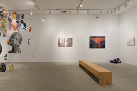 The photograph shows an image of a gallery room. To the left we see a hanging installation that is mostly out of frame. On the back wall of the image there are two medium-sized photographs of a man in a bunny suit hanging side by side. To the right of those photographs is a slightly larger woven textile piece stretched over a frame hanging on the wall. On the right wall we see a two-dimensional piece hanging on the wall that is mostly white and light pink. In the far right corner of the room we see a sculpture of a small bed with a cat stuffed animal on it. Additionally, in the middle of the room there is a wooden bench. 