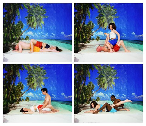 Four images situated in two by two format. All images feature a fake beach scene. In front of the backdrop which features a palm tree on the left and a ocean behind, there are two figures engaging in sexualized positions. 