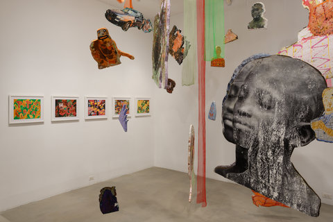 There is a hanging installation that features a series of differently sized foam cutouts. On the cutouts images include a portrait of a young boy, a car, and abstract forms. In addition to the foam, there are three pieces of green and red tule hanging in the center of the cutouts. Lastly, lined on the left wall of the room are five framed colorful paintings. 