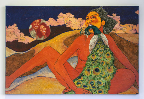 Painting from the exhibition featuring a nude figure with red, brown skin. A peacock hangs out of their mouth, bitten at the neck. The figure looks up at the purple sky with the bird hanging from their mouth, the birds green, blue feathers covering their body. The background of the painting consists of various browns of sloping hills and rivers. Misty, swirling light pink clouds move across the sky, and a circle image featuring two figures sits in the sky between the clouds like a moon.  