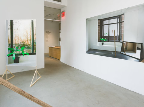 Installation view of the exhibition that features several photographs and sculptures. On the left, a photograph is mounted into a standing wood frame. The photograph consists of a window with a plant on the sill. The green leaves are very bright. On the back, right wall, an image of a window with a green plant on the sill and a mirror on the floor is hung on to the wall. 