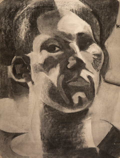 Image from the installation featuring a monotone sketch of a figure's head. The figure looks straight at the viewer, and is harshly defined with intense shadow and light. 