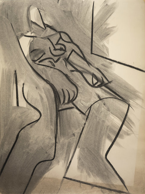 Image from the exhibition of a sketch. The sketch features a laying down figure outline with no defined features or face. The sketch is monotone and many sketch marks can be scene. 