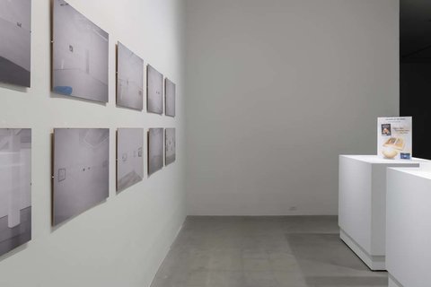 Installation view of black and white images on the left wall. On the right, two white pedestals with pamphlets atop them. 