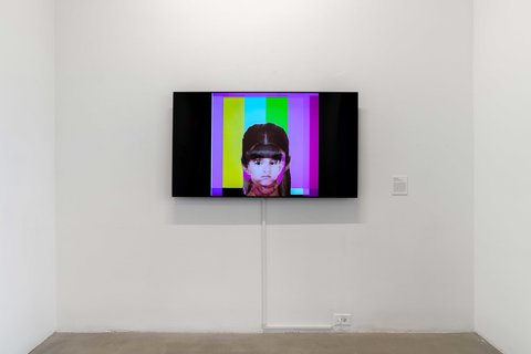 Installation view of one wall in the exhibition featuring a video monitor installed on the wall. The still on the screen from the image consists of a distorted face of a women covered by a face of another girl, with distorted color stripes in the background.