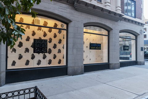 The exterior of a light colored building at street level with three large windows. In the center of the windows are small black signs, behind the signs is a black and white spotted background.