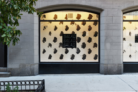 A center view of a singular window on street level. Inside the window display is a black and white spotted background with a small black sign in the center that reads: Salad Salad Salad, in blue neon lights.