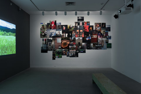 Installation view of the exhibition featuring a room with three walls. On the left wall, a partial projection projects onto the wall. In this particular still from the video, a partial view of a grassy landscape is shown. On the back wall, spotlight light up a photo collage, arranged in a large arrangement that takes over the entirety of the wall. On the right wall, there is nothing but blank space on white wall. There is a wooden bench in the middle of the dark room to sit and witness the objects. 