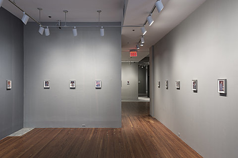 A gallery with gray walls and numerous small pictures of Chairman Mao mounted on the wall.